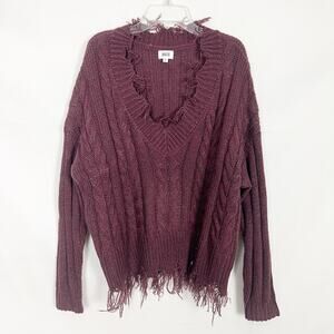 BKE Cable Knit Distressed Burgundy Oversized Sweater Size XS